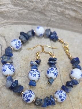 Lapis Lazuli Stones & Blue Floral Porcelain Bead Bracelet and Earrings Set